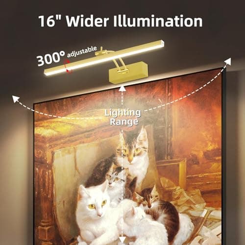 4 Pack Picture Lights for Wall, 16in Art Lighting for Paintings Cordless, 5200mAh Rechargeable Battery Operated Picture Light with Remote Dimmable and Timer for Artwork, Gallery, Frame, Display, Gold
