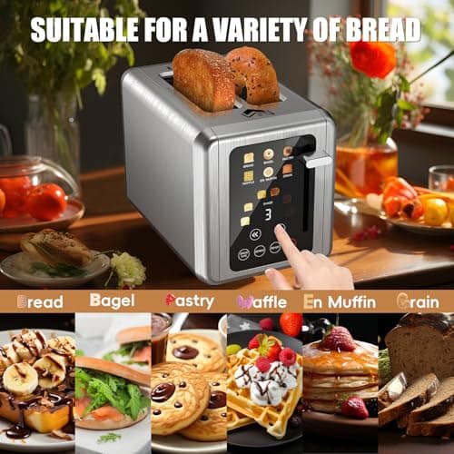 Touch screen Toaster 2 slice,Stainless Steel Digital Timer Toasters with Sound Function,6 Bread Types & 6 Shade Settings,Smart Extra Wide Slots Toaster with Bagel,Defrost Functions