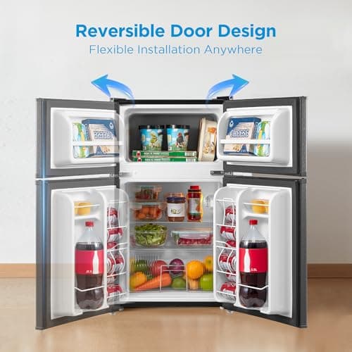 Midea WHD-113FB1 Double Door Mini Fridge with Freezer for Bedroom Office or Dorm with Adjustable Remove Glass Shelves Compact Refrigerator, 3.1 cu ft, Black