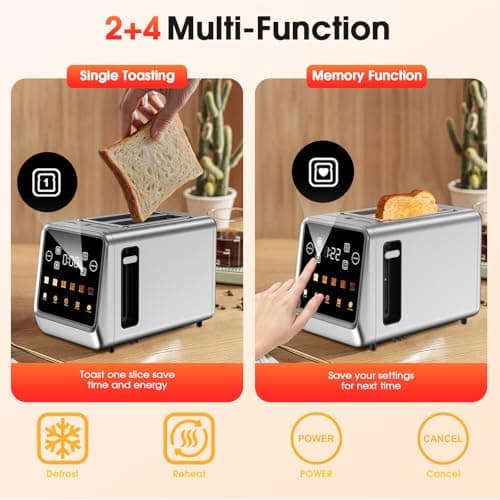 2 Slice Toaster Touch Screen with 1.5" Wide Slots & Memory Recall | 900W Fast Even Toast | LCD Display + 6 Shade Settings for Bagels & Thick Bread