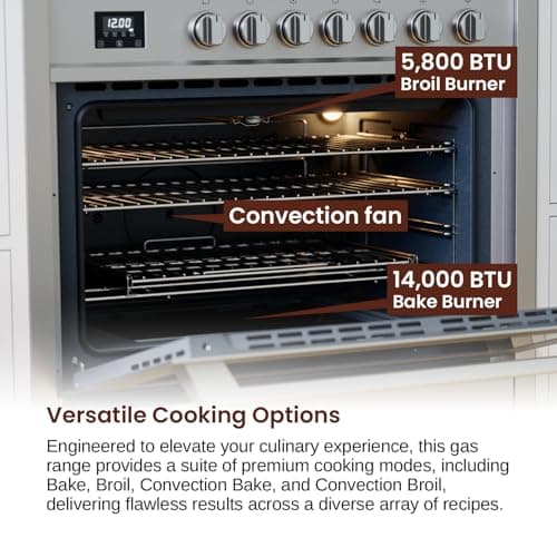 RRG361TS 36" Gas Range, 5 Sealed Burners, 4.3 cu. Ft. Capacity, Freestanding Slide-in Convection Oven, Easy Reach Racks, Clock and Timer, Stainless Steel