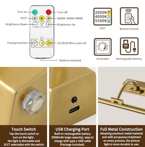 JUSHENG Wireless Picture Lights Battery Operated with Remote and Timer Brass Art Light with Swing Arm Rechargeable Gallery Lighting Artwork Lamp 15.75'' Inch 3W