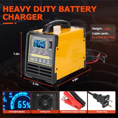 12V 24V Lead-Acid Battery Charger Heavy Duty, 0-15A Smart Automatic Battery Maintainer, Trickle Charger with Repair, Auto Off, Winter Summer Mode, for Car Truck Boat Motorcycle RV Lawn Mower (Yellow)