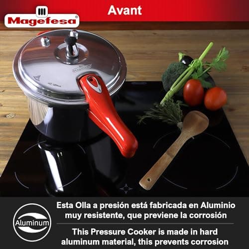 MAGEFESA Avant Red Pressure Cooker, 6.2 Quart, made of very resistant aluminum, compatible with gas, electric, ceramic stoves, pressure canner, canning cooker pot, stove top instant fast cooking