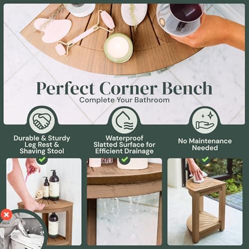 Waterproof Corner Shower Stool - Brown Waterproof Shower Bench for Shaving Legs & to Sit On - Easily Assembled Corner Bench & Shelf - Restroom Organizer - Bathroom Stool