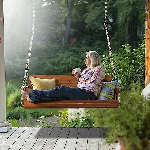 VINGLI Upgraded Patio Wooden Porch Swing for Courtyard & Garden, Heavy Duty 880 LBS Swing Chair Bench with Hanging Chains for Outdoors (Brown, 4 FT)