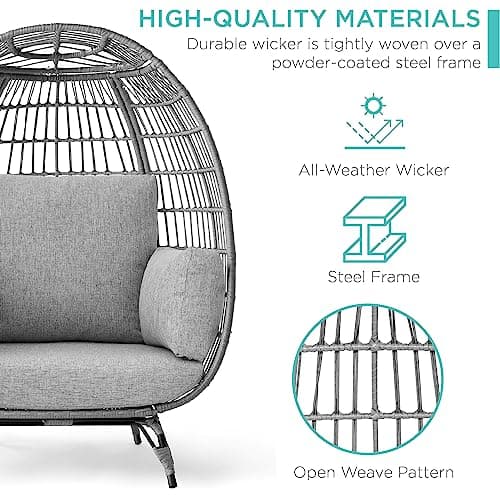 Best Choice Products Wicker Egg Chair, Oversized Indoor Outdoor Lounger for Patio, Backyard, Living Room w/ 4 Cushions, Steel Frame, 440lb Capacity - Gray/Heather Gray