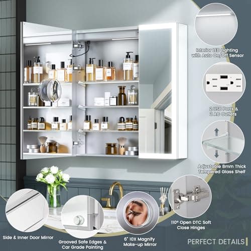 30x32 Inch Lighted Medicine Cabinet, AL Alloy Frame, Plug-in or Hardwired, Recessed or Wall Mount, Mirror Doors/3 Colors/Dimmable/Interior Sensor Light/Anti-Fog, 2 Outlets &USBs, 3 Shelves