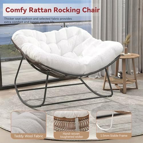 Papasan Rocking Chair, Rattan Rocking Chair, Oversized Outdoor Chair with Deep Seat Thick Cushion, Patio Rocking Chair for Bedroom/Porch/Garden (White & Black)