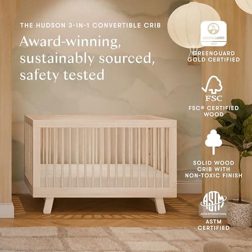 Babyletto Hudson 3-in-1 Convertible Baby Crib - GREENGUARD Gold Certified - Convertible Crib to Toddler Bed and Daybed - Baby Bed with 4 Adjustable Heights - Wooden Crib - Washed Natural