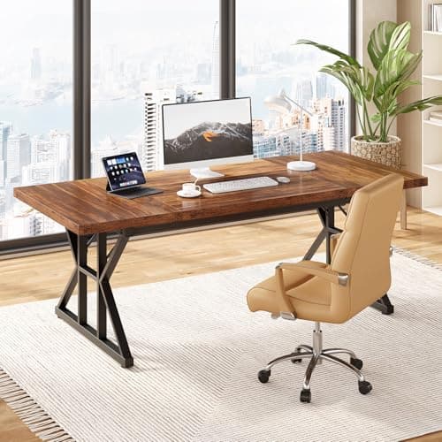 LITTLE TREE 70.8-Inch Office Desk, Wooden Executive Office Desk, Modern Work Desk, Large Farmhouse Writing Table Computer Desk for Home, Brown-Black