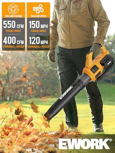 EWORK Cordless Leaf Blower 21V Electric Leaf Blower with (2) 3.0Ah Batteries and Fast Charger, Variable Speed, Turbo Mode, Battery Powered Handheld Leaf Blowers for Lawn Care and Clearance Yard Leaves