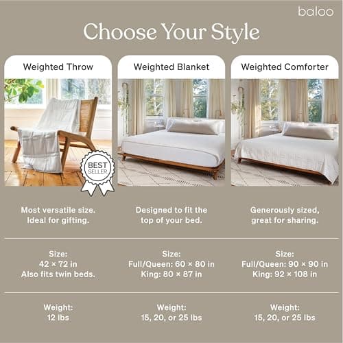 Baloo Weighted Blanket for Adults 12 lb Throw (Pebble White, 42"x72") | Cool & 100% Cotton | Machine Washable & Dryer Safe | Glass Microbead Fill