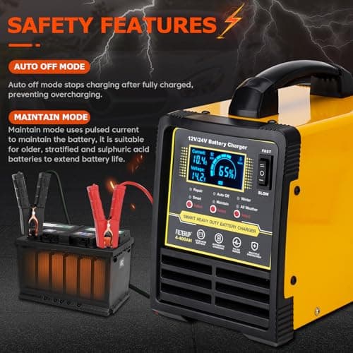 12V 24V Lead-Acid Battery Charger Heavy Duty, 0-15A Smart Automatic Battery Maintainer, Trickle Charger with Repair, Auto Off, Winter Summer Mode, for Car Truck Boat Motorcycle RV Lawn Mower (Yellow)