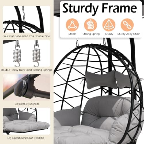 Double Egg Chair Outdoor with Stand & Adjustable and Removable Canopy, Foldable Leg Rest, Leg Support Bracket Tube Thickened Treatment, 600lbs Capacity for Bedroom, Balcony, Garden (HQH)
