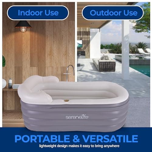 SereneLife Spa Bathtub with Bubble Massage Mat – Inflatable Bathtub with Pillow, Cup Holder, Remote Control for LED Lighting, Backrest and Armrests, Supporting Up To 190 lbs. 66" x 30" x 26"