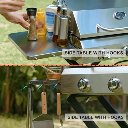 Onlyfire BBQ Gas Grill 3-Burner with Foldable Cart & Side Table, Portable Propane Grill with Lid for Outdoor Patio Backyard Barbecue Camping Tailgating RV Trip, Stainless Steel, GS308