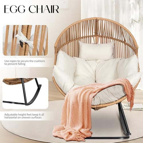 JAMFLY Egg Chair Outdoor Rocking Chairs, Wicker Patio Chair Oversized Lounger Chair with Cushion for Indoor Living Room Bedroom Outside Patio Backyard Balcony, Beige