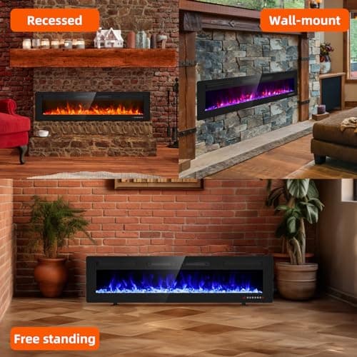Electric Fireplace-72 inch Fireplace Wall Mount/Recessed/Free Standing-Ultra Thin Wall Fireplace Electric with Remote Control, Timer, Double Heat Vent, 750w/1500w