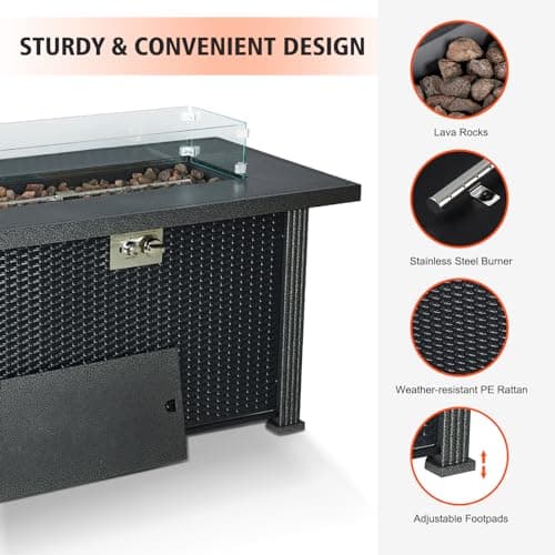 Outdoor Fire Table, 44 inch Rectangle Propane Gas Fire Pit Table, 50,000 BTU Modern Firepit with Wind Guard, Lava Rock, Rain Cover