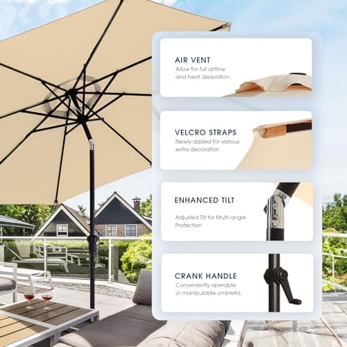 wikiwiki 11FT Patio Umbrellas with Base Included, Outdoor Umbrella with Sandbag Base, 8 Sturdy Ribs, Fade Resistant Waterproof POLYESTER DTY Canopy for Garden, Lawn, Deck, Backyard & Pool，Beige