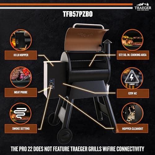 Traeger Grills Pro 22 Wood Pellet Grill & Smoker, Electric Pellet Smoker Grill Combo, 6-in-1 BBQ Versatility, 572 sq. in. Grilling Capacity, Meat Probe, 450 Degree Max Temperature, 18LB Hopper, Bronze