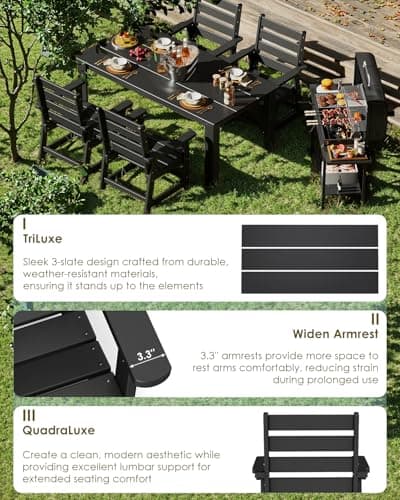 GREENVINES 7-Piece Outdoor-Dining-Set | HDPE Plastic 67'' Table and Chairs Sets for 6 | Patio Furniture | All Weather | Umbrella Hole | Black | for Poolside Garden Backyard