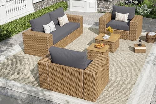 AMERLIFE 6-Piece Patio Sofa Set with Convertible Coffee Table - 8.3" Wide Armrests, UV-Resistant PE Rattan Outdoor Conversation Set for Balcony/Poolside, Waterproof Grey Cushions, Heavy-Duty Wicker