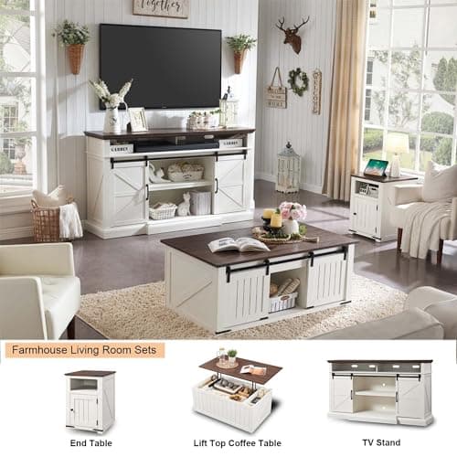 Farmhouse TV Stand for 80 Inch TVs, 38" Tall Entertainment Center w/Storage Cabinets and Sliding Barn Door, Media Console Cabinet w/Soundbar & Adjustable Shelves for Living Room, 69inch (White)