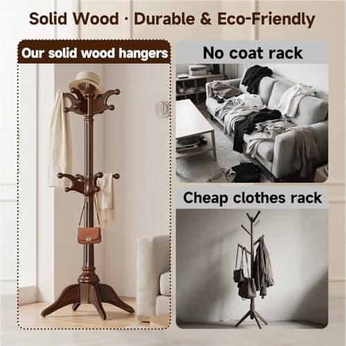 Solid Wood Rotary Coat Rack Freestanding, Heavy Duty Coat Hanger Stand with 2 layer Multi-direction Hooks, 360° Rotating Standing Coat Rack Tree for Entryway, Bedroom, Office, H: 77.6in (Walnut)