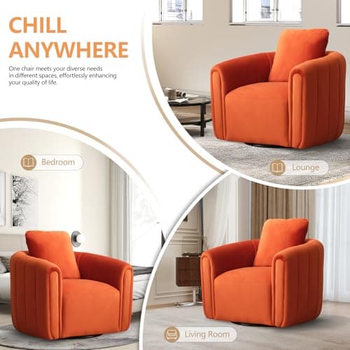 CANMOV Swivel Accent Chair with Pillow,360-degree Swivel Barrel Chair with Curve Backrest, Comfy Velvet Pumpkin-Shaped Round Armchair Modern Single Sofa for Living Room,Bedroom,Waiting Room,Orange