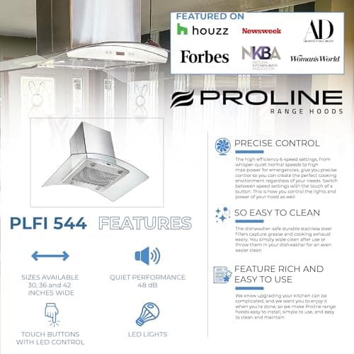 PROLINE 30-Inch Island Range Hood, Ducted, 600 CFM, Stainless Steel, LED Lights, ULTRA-QUIET Blower Motor, 6 Speed, 3-Year Warranty, Dishwasher-Safe Filters, PLFI 544.30, Kitchen Hood