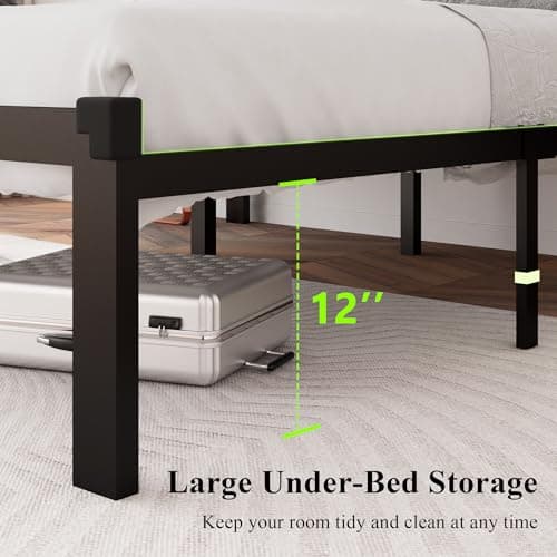 Feonase Full Size Metal Bed Frame, Heavy-Duty Platform Bed Frame with Linen Upholstered Headboard, 12" Storage Space, Steel Slats Support, No Box Spring Needed, Gray