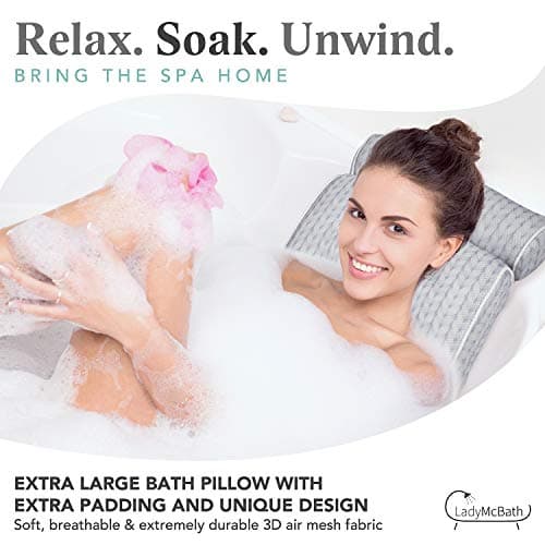 Lady McBath Bath Pillow - Luxury Bath Pillows for Tub Neck and Back Support - Powerful Suction Cups, Machine Washable Bathtub Accessory for Relaxation (Grey)