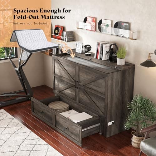 AMERLIFE Queen Murphy Bed with Storage & Charging Station, Farmhouse Murphy Cabinet with Foldable Panel, Noisy Free, for Living Room, Guest Bedroom, Office, Rustic Gray