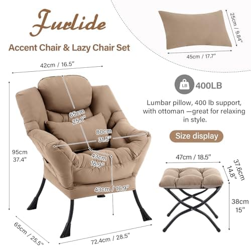 Lazy Chair with Ottoman, Modern Lounge Armchair with Lumbar Pillow, Accent Cozy Reading Chair and Folding Footstool for Bedroom, Dorm, Living Room,Khaki