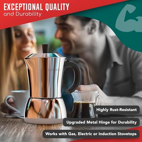 LuxHaus Moka Pot - 3 Cup Stovetop Espresso Maker - 100% Stainless Steel Italian and Cuban Mocha Coffee Maker