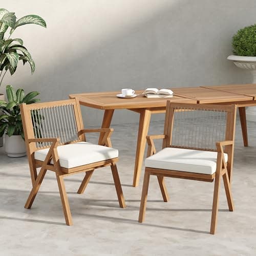 Christopher Knight Home Becker Outdoor Dining Chairs Set of 2 with Cushion, Acacia Wood Dining Room Armchair Set, Garden Chair Set with Handwoven Accent, Patio Dinners Comfy Extra Seat, Cream + Teak