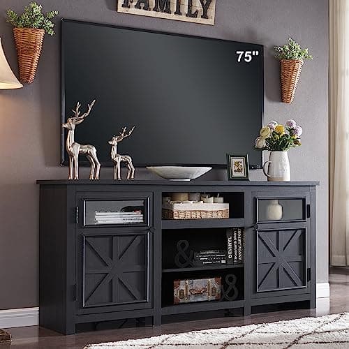 JXQTLINGMU Farmhouse TV Stand for 75 Inch TV, Entertainment Center with Storage, Rustic TV Cabinet with Barn Doors, 66" TV Console for Living Room, Adjustable Shelf - Black
