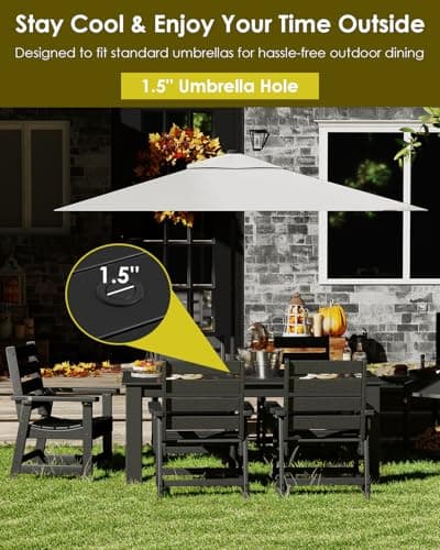GREENVINES 7-Piece Outdoor-Dining-Set | HDPE Plastic 67'' Table and Chairs Sets for 6 | Patio Furniture | All Weather | Umbrella Hole | Black | for Poolside Garden Backyard