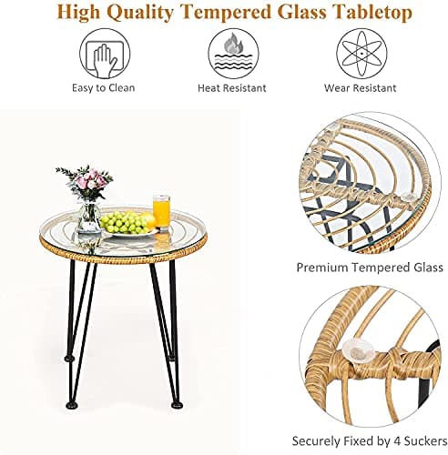 Bistro Table and Chairs Set of 2, Outdoor Patio Rattan Chair & Tempered Glass Coffee Table Set w/Removable Washable Beige Cushion Cafe Set for Indoor Balcony, Poolside, Garden (Pale Brown)