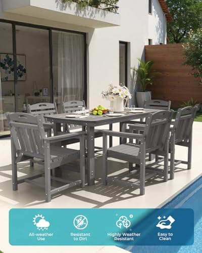 HDPE Outdoor Dining Set 7-Piece Patio Table and Chairs with Umbrella Hole, All-Weather Patio Dining Set for 6, Durable Patio Furniture Set for Backyard, Garden, Lawn & Poolside, Grey