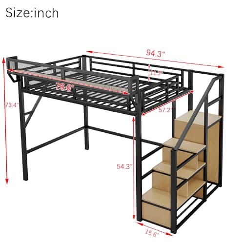 Full Size Loft Bed with Stairs and Storage, Metal Loft Bed Frame with Bedside Shelf and Large Under-Bed Space, Heavy-Duty Bed for Adults Teens and Kids, Black