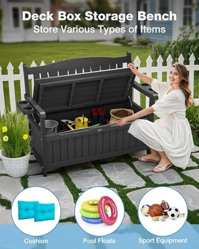 YEFU Outdoor Storage Bench for Patio: Heavy Duty Garden Bench with 96° High Backrest & Oversized Seating - HIPS Weatherproof Patio Bench with Storage for Porch Park Backyard, Black