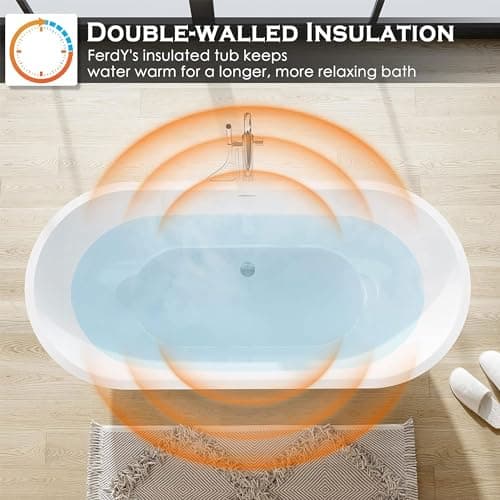 FerdY Bali 59" Acrylic Freestanding Bathtub, Gracefully Shaped Freestanding Soaking Bathtub, Toe-Tap Chrome Drain and Classic Slotted Overflow Included, Glossy White, cUPC Certified