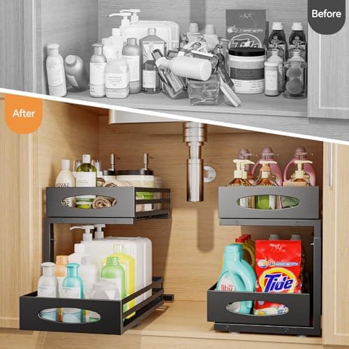 Under Sink Organizer, Pull Out Cabinet Organizers, Slide Sink Steel Shelf Cabinet Storage Shelves, Under Sink Storage for Kitchen Bathroom Cabinet (Black, 2 Pack)