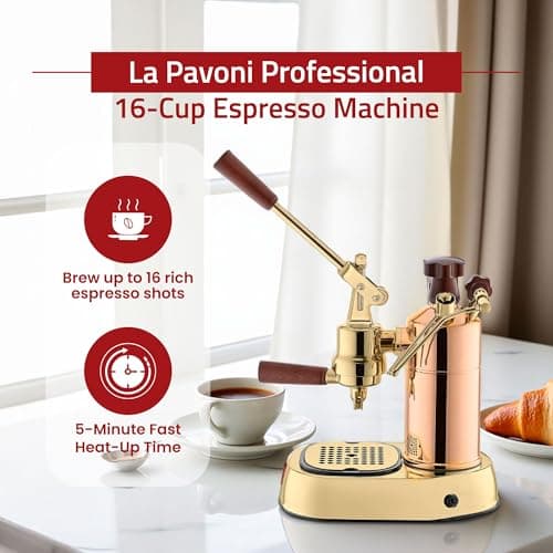 La Pavoni Professional 16-Cup Lever Espresso Machine - Copper and Brass Espresso Maker with Bottomless Portafilter - 38oz Boiler with Pressure Gauge - Manual Lever Operation - Made in Italy