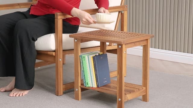 Double Adirondack Side Table, Weather-Resistant Rectangular End Table for Patio, Garden, Lawn, and Living Room. Ideal as a Stylish Indoor and Outdoor Side Table Companion, Natural