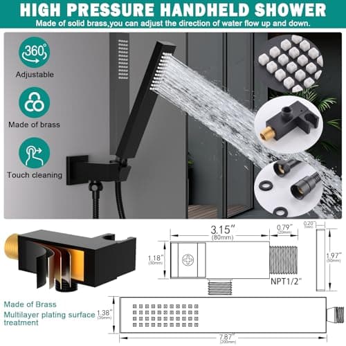 HOMEDEC Luxury Matte Black Shower System, Multi Functions 15.7x31.5inch Mist Rain Shower Head System with Full Body Sprays Jets, Rainfall Ceiling Thermostatic Shower Faucet Set