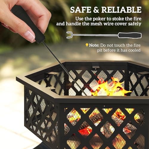 Outsunny 28" Outdoor Fire Pit Grill, Portable Wood Burning Firepit for Outside with Cooking Grate, Fire Poker, Spark Screen Lid, Steel Hexagon Fireplace for Patio Bonfire Backyard BBQ Camping Picnic